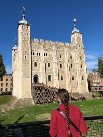 Zoe takes in the gorgeous morning view of the white tower.